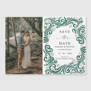 Silver Green Snowflake Winter Photo Save the Date