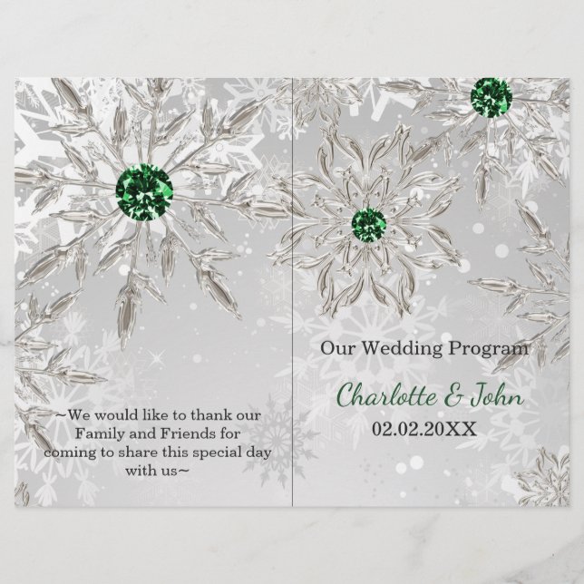 Silver Green Snowflake Winter Wedding Program (Front)