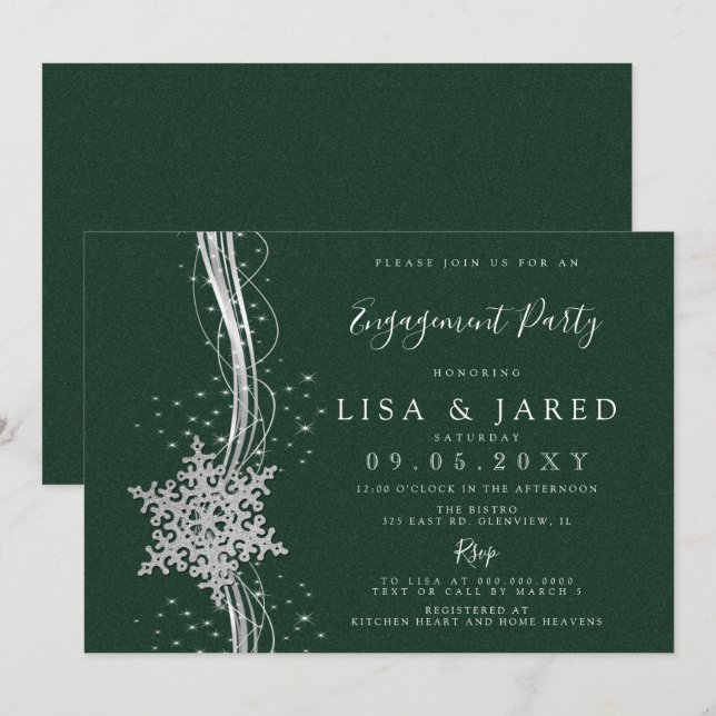 Silver Green Snowflakes Winter Engagement Party  Invitation (Front/Back)