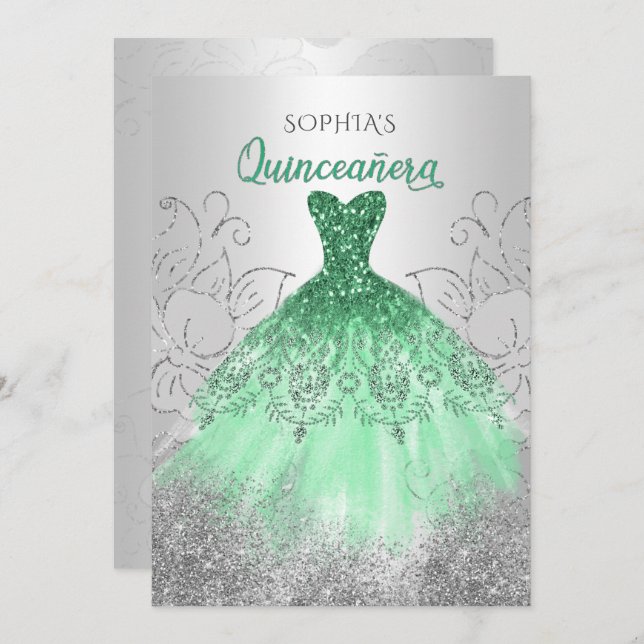 Silver Green Sparkle Dress Quinceañera Quince Invitation (Front/Back)