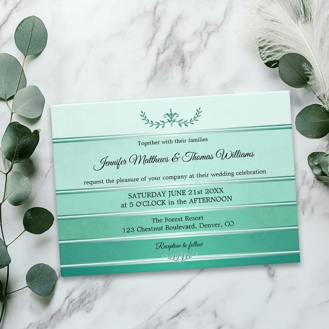 Silver Green Striped Tonne sur Tonne Wedding Invitation (Wedding invitation featuring an elegant green tone on tone striped design with a silver lining)