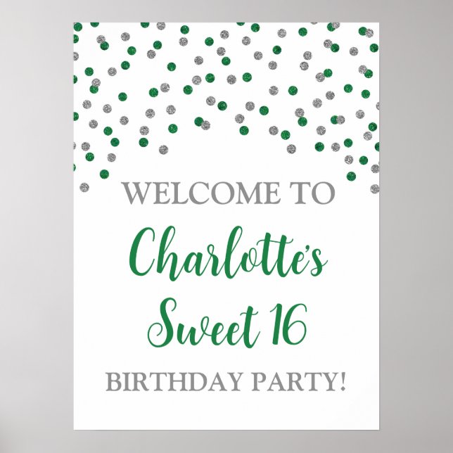Silver Green Sweet 16 Birthday Custom 18x24 Poster (Front)
