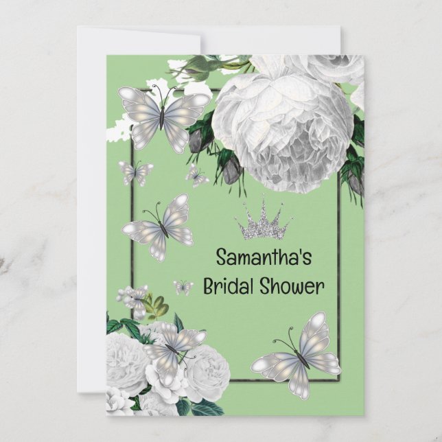 Silver green white elegant roses bridal shower  invitation (Front)