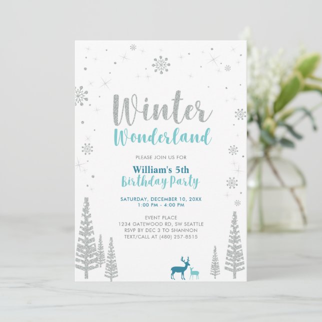 Silver & Green Winter Wonderland Boy Birthday Invitation (Standing Front)
