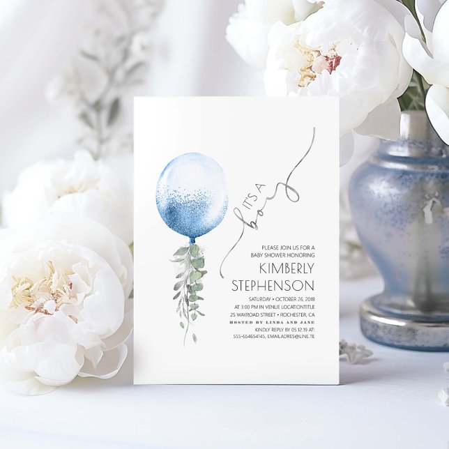 Silver Greenery and Blue Balloon Baby Shower Invit Invitation (It's a Boy! Silver and Blue Baby Shower Invitations)
