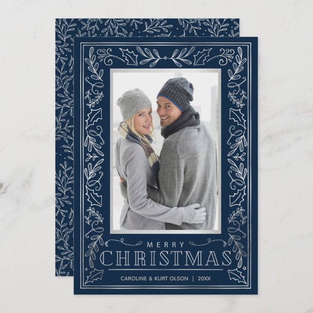 Silver Greenery Christmas Photo Holiday Card (Front/Back)
