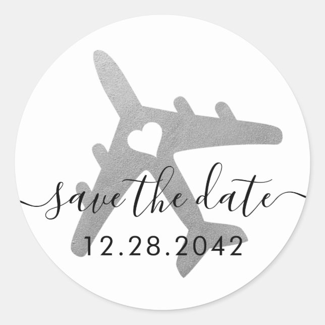 Silver Grey AirplaneTravel Theme Save the Date Classic Round Sticker (Front)