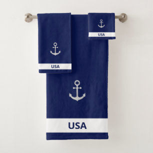 Silver Grey Anchor on Navy Blue & White Bath Towel Set
