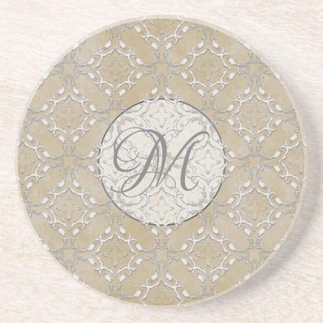 Silver Grey and Beige Metallic Filagree Pattern  Coaster (Front)