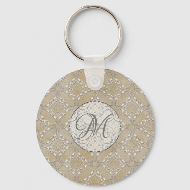 Silver Grey and Beige Metallic Filagree Pattern Key Ring (Front)