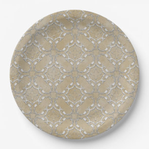 Silver Grey and Beige Metallic Filagree Pattern Paper Plate