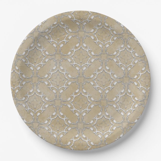 Silver Grey and Beige Metallic Filagree Pattern Paper Plate (Front)