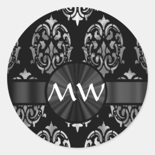 Silver grey and black damask pattern classic round sticker
