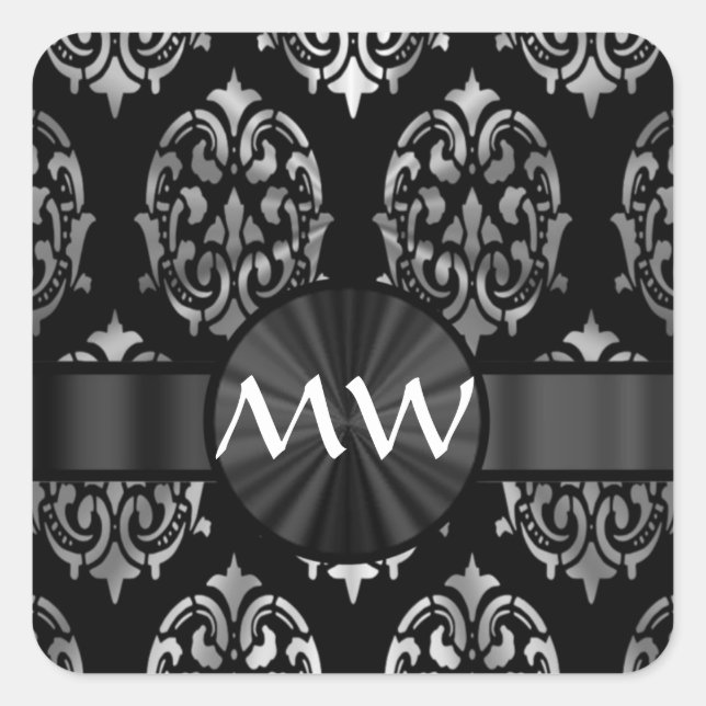 Silver grey and black damask pattern square sticker (Front)