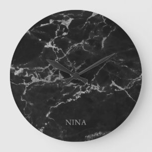 Silver Grey And Black Marble Stone Large Clock