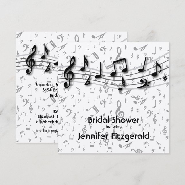 Silver Grey and black music Notes Bridal Shower Invitation (Front/Back)