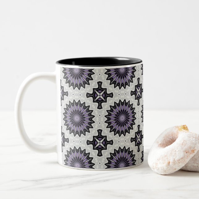 Silver Grey and Lilac Bold Repeat Tile Pattern Two-Tone Coffee Mug (With Donut)