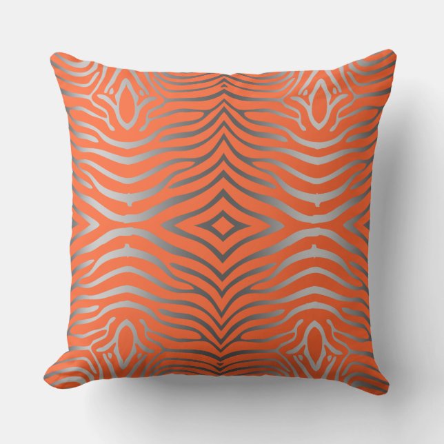 Silver Grey And Orange Zebra Stripes Cushion (Front)