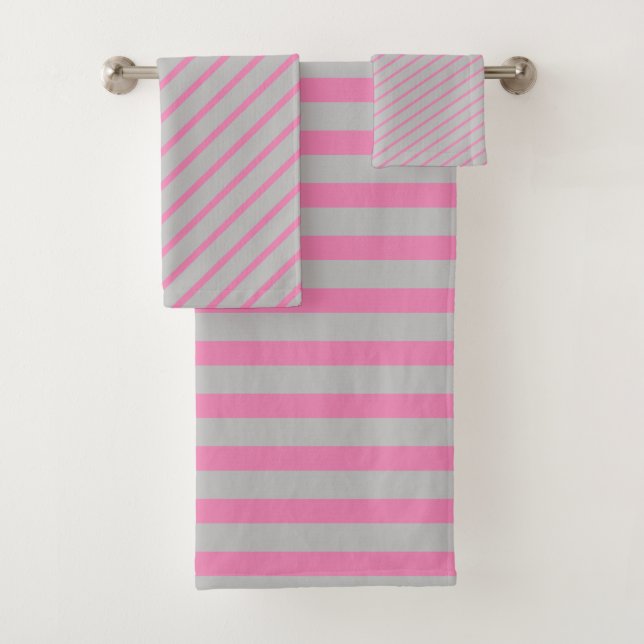 Silver Grey And Pink Stripes Bathroom Towel Set  (Insitu)