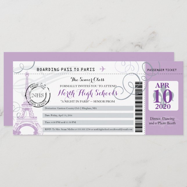 Silver Grey and Purple Night in Paris School Prom Invitation (Front/Back)