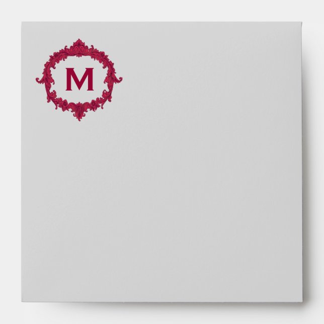 Silver Grey and Red Monogram Square Wedding Envelope (Front)