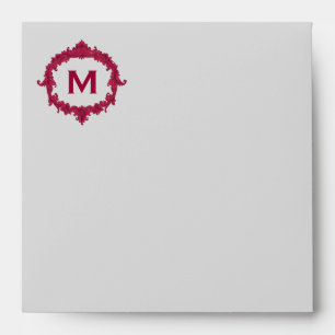 Silver Grey and Red Monogram Square Wedding Envelope