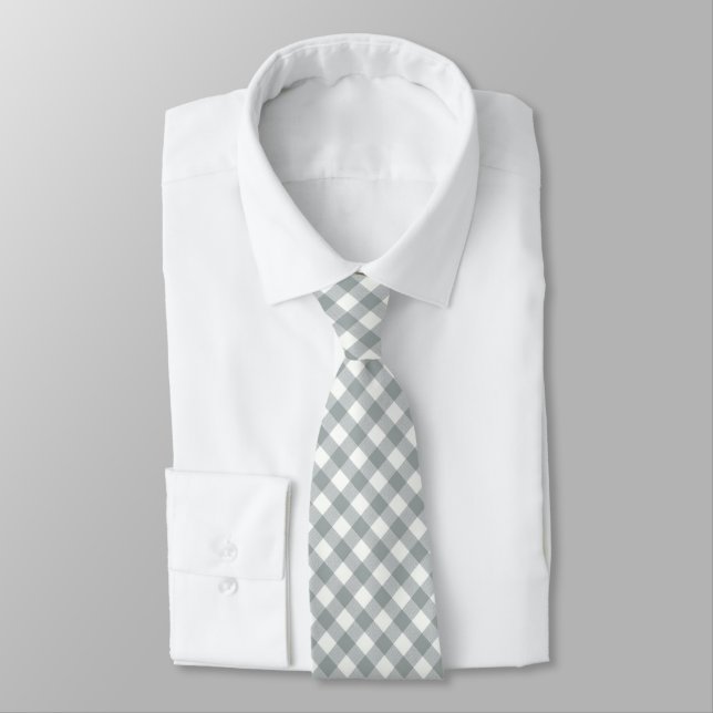 Silver Grey and White Angled Gingham Tie (Tied)