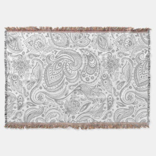 Silver Grey And White Floral Paisley Pattern Throw Blanket