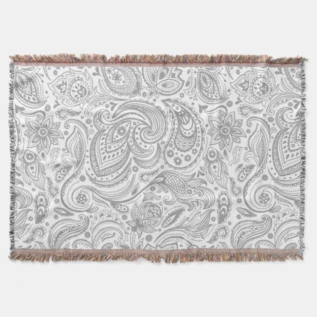 Silver Grey And White Floral Paisley Pattern Throw Blanket (Front)