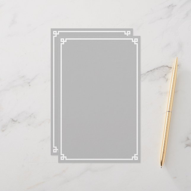 Silver Grey and White Greek Key Border Stationery (Front/Back In Situ)