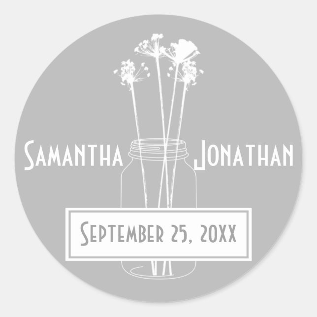 Silver Grey and White Mason Jar Wildflowers Classic Round Sticker (Front)