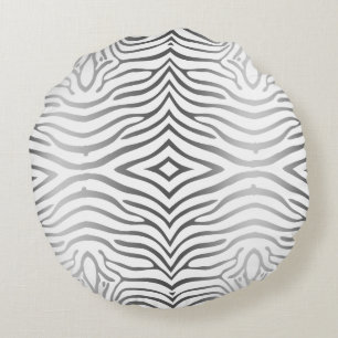Silver Grey And White Zebra Stripes Round Cushion