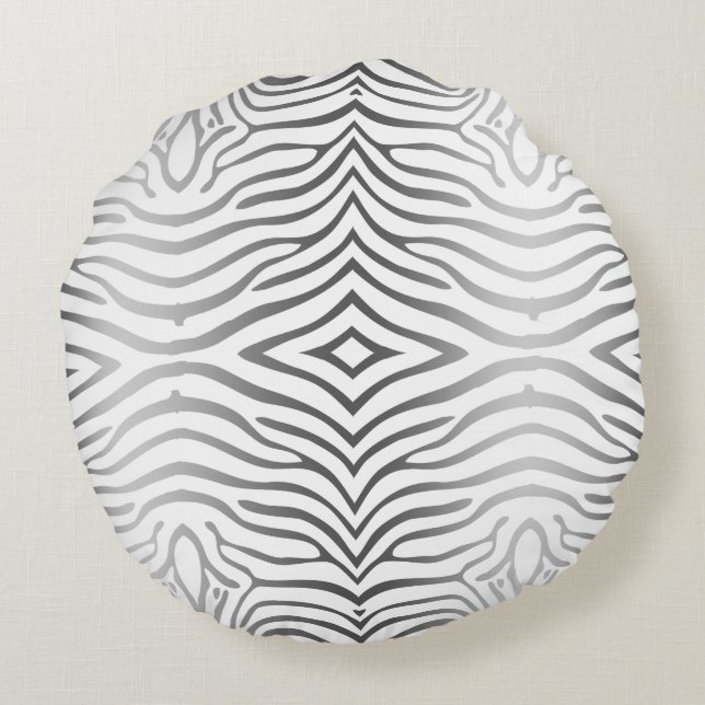 Silver Grey And White Zebra Stripes Round Cushion (Back)