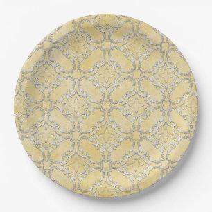 Silver Grey and Yellow Metallic Filigree Pattern Paper Plate