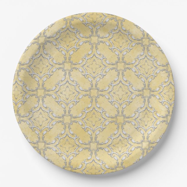 Silver Grey and Yellow Metallic Filigree Pattern Paper Plate (Front)