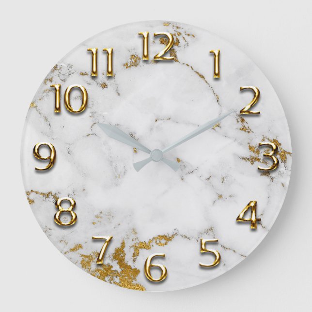 Silver Grey Arabic Numbers Abstract Gold  Marble Large Clock (Front)