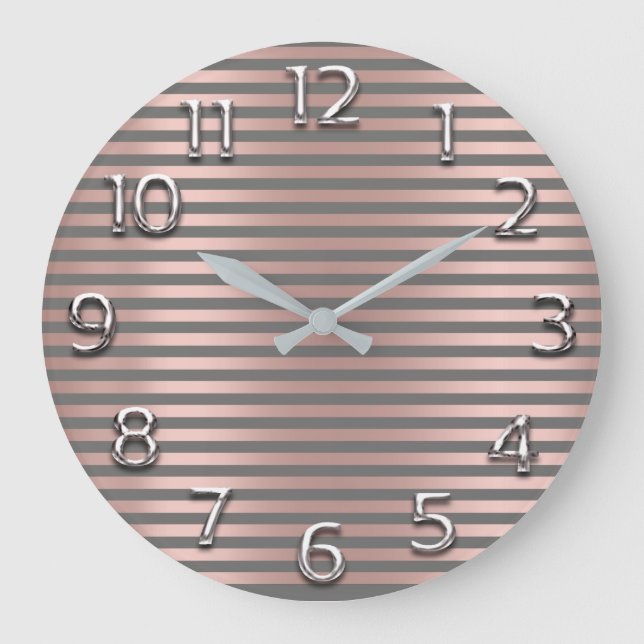 Silver Grey Arabic Numbers Rose Blush Glam Stripes Large Clock (Front)