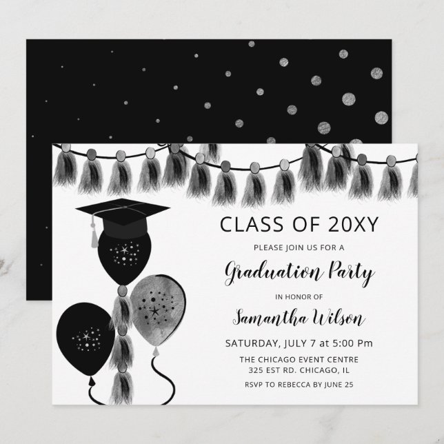 Silver Grey Balloons Grad Hat Graduation Party Invitation (Front/Back)