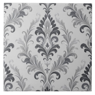 Silver Grey Baroque Damask Floral Pattern Ceramic Tile