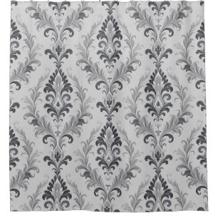 Silver Grey Baroque Damask Floral Pattern Shower Curtain