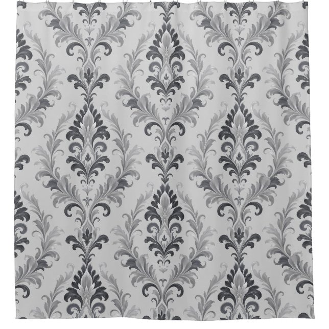 Silver Grey Baroque Damask Floral Pattern Shower Curtain (Front)