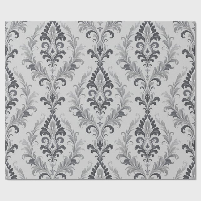 Silver Grey Baroque Damask Floral Pattern Wrapping Paper (Flat)