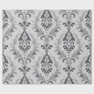 Silver Grey Baroque Damask Floral Pattern Wrapping Paper