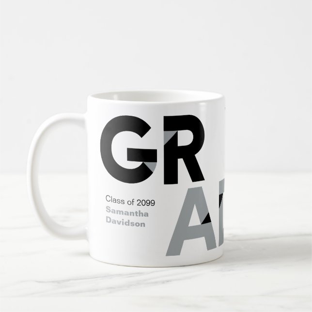 Silver Grey Big Bold Angle-Cut Letters Graduation Coffee Mug (Left)