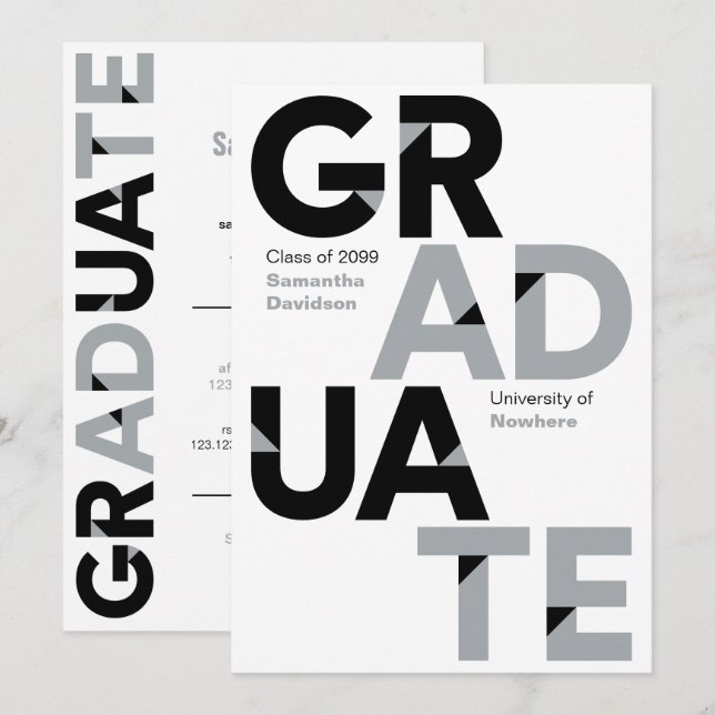 Silver Grey Big Bold Angle-Cut Letters Graduation Invitation (Front/Back)