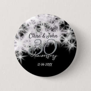 Silver grey black 30th wedding anniversary glitter 6 cm round badge