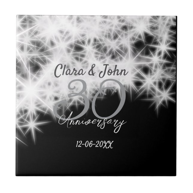 Silver grey black 30th wedding anniversary glitter ceramic tile (Front)