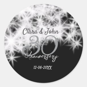 Silver grey black 30th wedding anniversary glitter classic round sticker