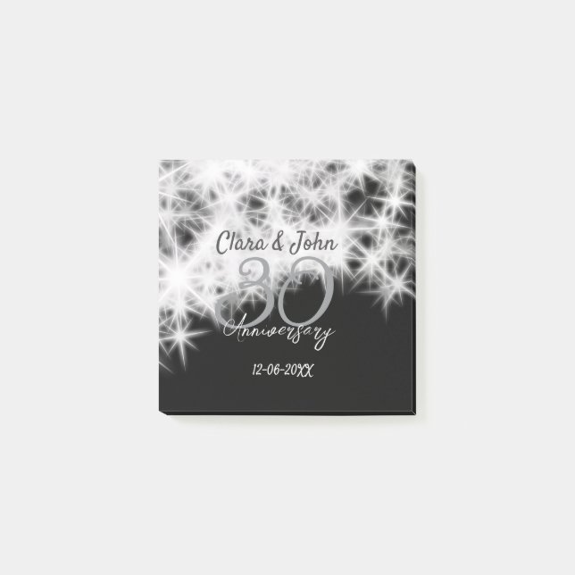 Silver grey black 30th wedding anniversary glitter post-it notes (Front)