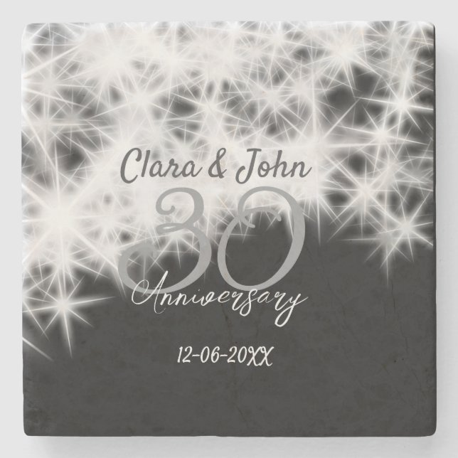 Silver grey black 30th wedding anniversary glitter stone coaster (Front)